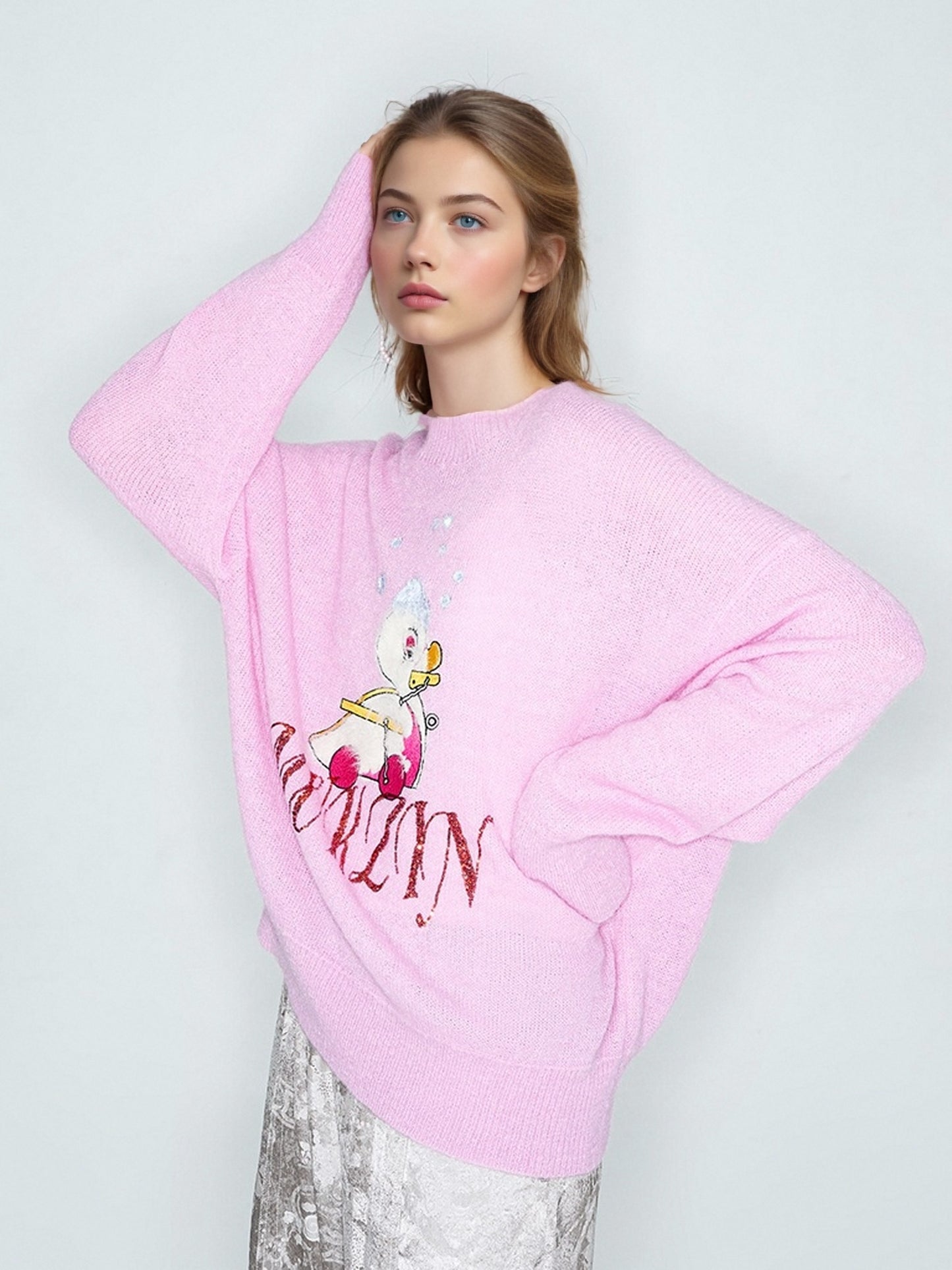 MUKZIN Linglong "Time Machine" Silhouette Crew Neck Cartoon Knit Blue Sweater