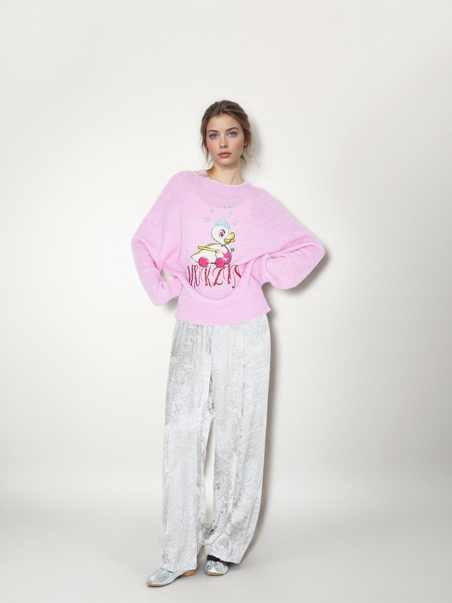 MUKZIN Linglong "Time Machine" Silhouette Crew Neck Cartoon Knit Blue Sweater