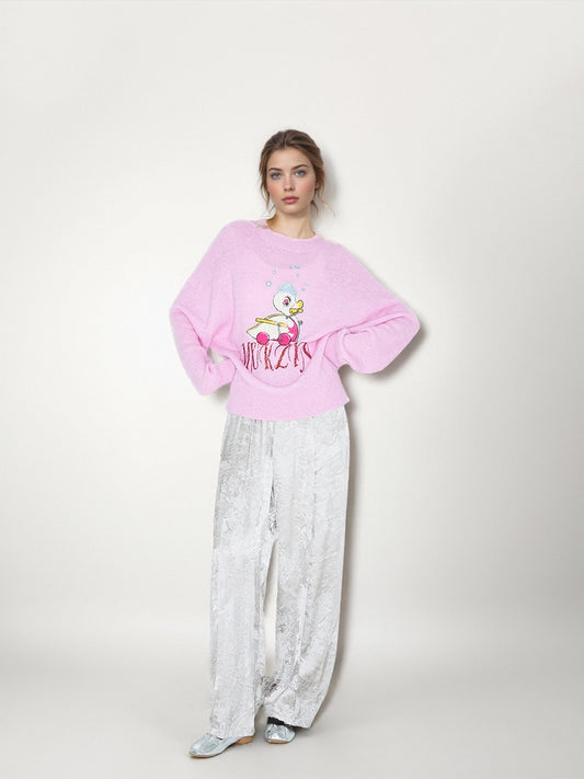 MUKZIN Linglong "Time Machine" Silhouette Crew Neck Cartoon Knit Blue Sweater