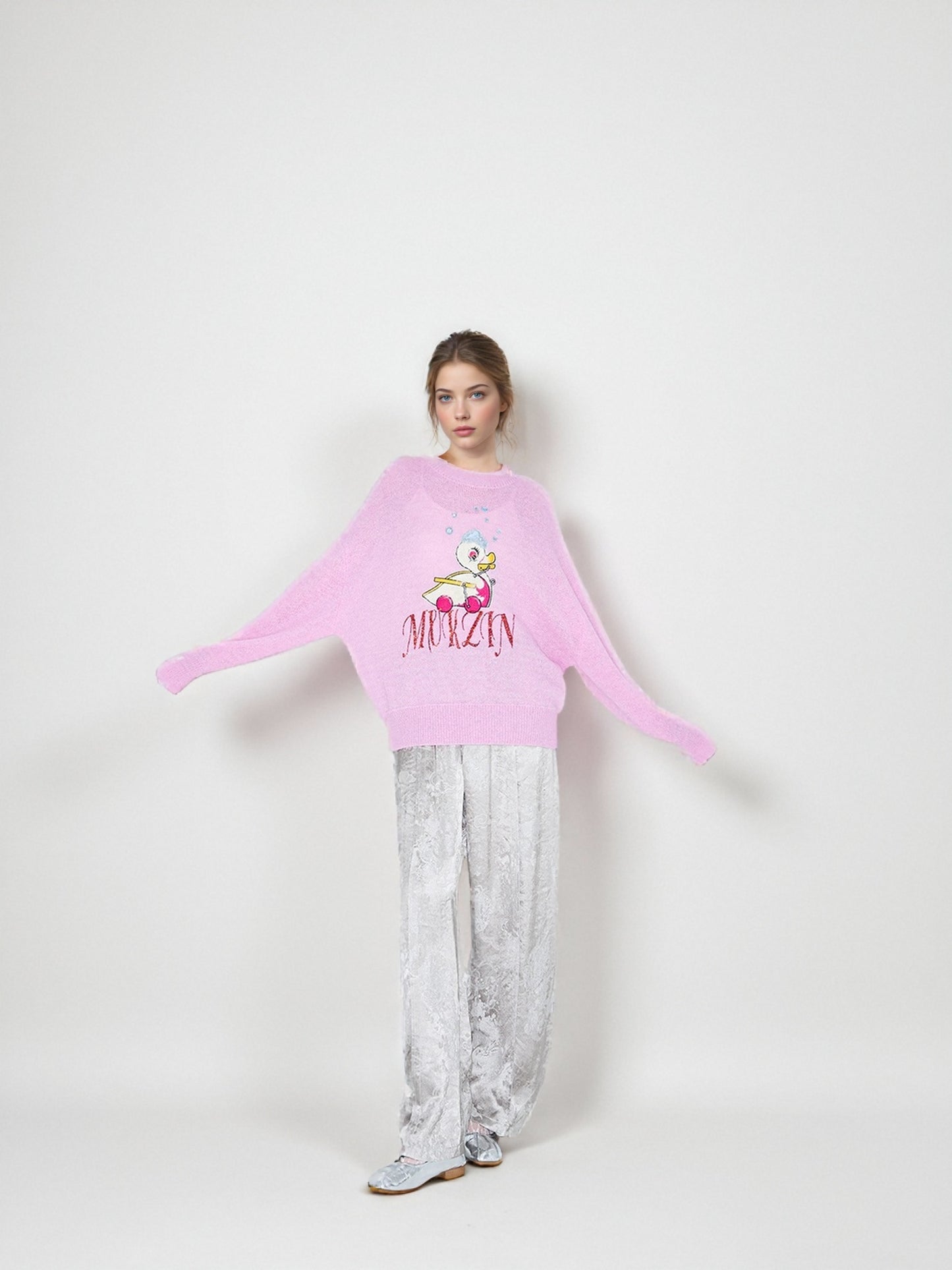 MUKZIN Linglong "Time Machine" Silhouette Crew Neck Cartoon Knit Blue Sweater