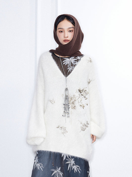 MUKZIN Linglong"Snow Frost" V-Neck Oversized Long Alpaca Wool Knit Sweater