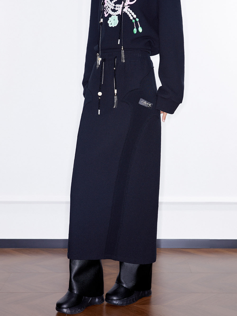 MUKZIN Linglong New Chinese Style Long Skirt with Elastic Waistband